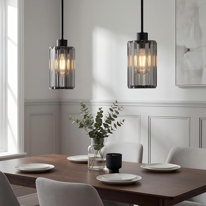 Modern Clear Fluted Glass Pendant Light 2 Pack - Adjustable E26 Hanging Lamp for Kitchen Island & Dining Room