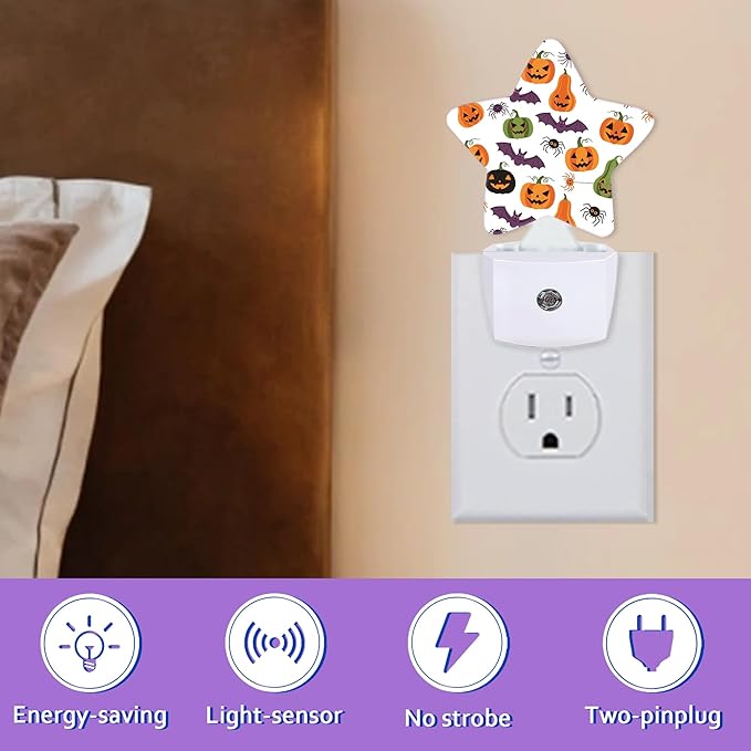 Energy Efficient Nightlights Plug In Wall, Halloween Pumpkin Night Light for Kids Bedroom Decorative, Purple Bat Spiders Dusk-To-Dawn Sensor Sleep Friendly Lamp for Nursery Bathroom Basement