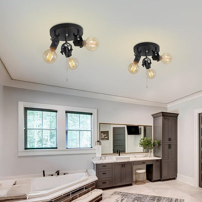 3 Light Flush Mount Ceiling Light with Pull Chain, Industrial Kitchen Ceiling with Rotatable Light Head,Black Pull Chain Spotlight for Bedroom Hallway Kitchen Laundry