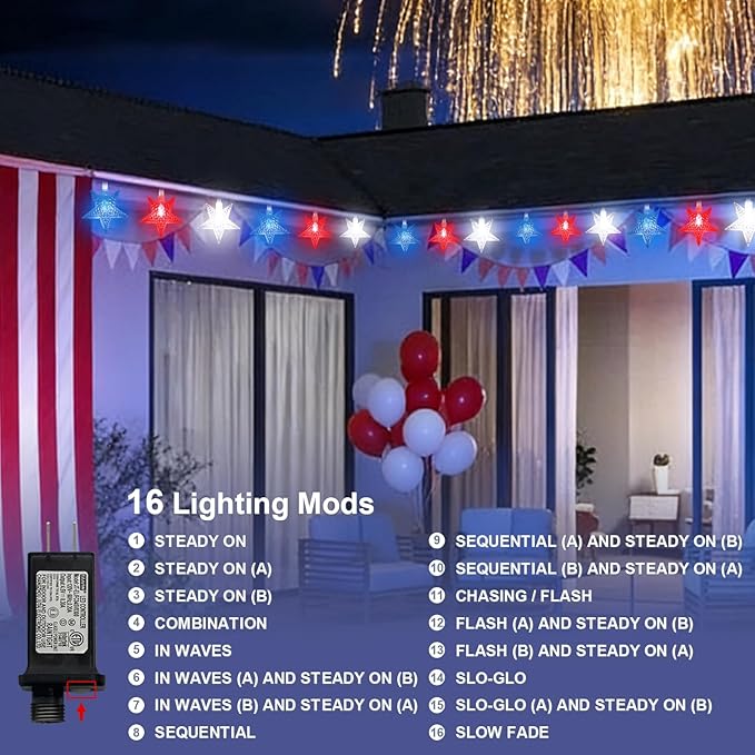 LAMPHOME Red White Blue Star String Lights, 33ft 100 LED Clear Wire Fairy Lights with 16 Modes, Plug-in Decor for 4th of July Patriotic Christmas Tree Bedroom Garden Wedding Birthday Party