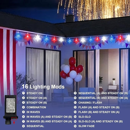 LAMPHOME Red White Blue Star String Lights, 33ft 100 LED Clear Wire Fairy Lights with 16 Modes, Plug-in Decor for 4th of July Patriotic Christmas Tree Bedroom Garden Wedding Birthday Party