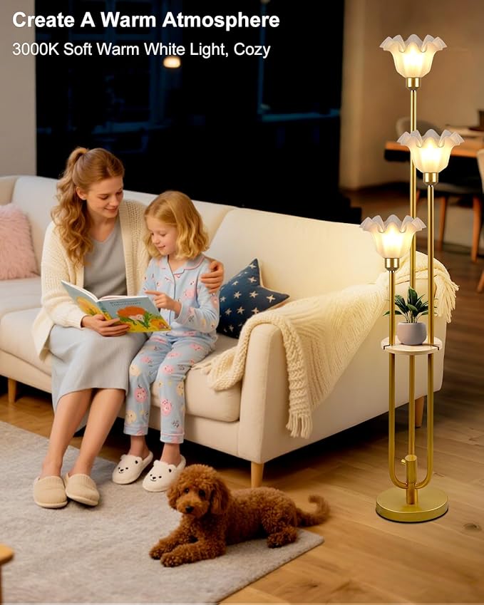 Flower Floor Lamp for Living Room, Dimmable Vintage Floor Lamp with Shelf & LED Bulbs, 3 Light 3000K Warmwhite Mid Century Gold Floral Tall Standing Lamp with 5Lbs Heavy Base for Bedroom