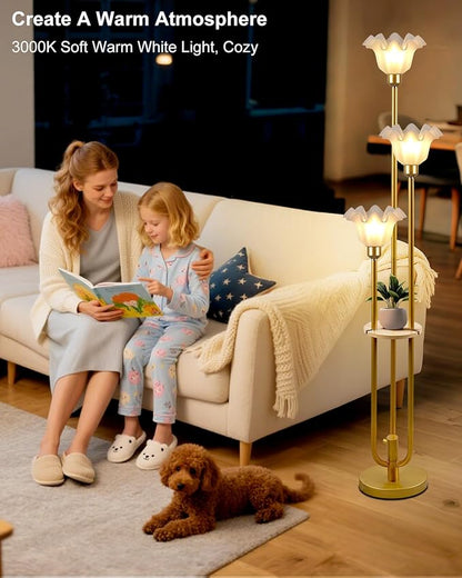 Flower Floor Lamp for Living Room, Dimmable Vintage Floor Lamp with Shelf & LED Bulbs, 3 Light 3000K Warmwhite Mid Century Gold Floral Tall Standing Lamp with 5Lbs Heavy Base for Bedroom