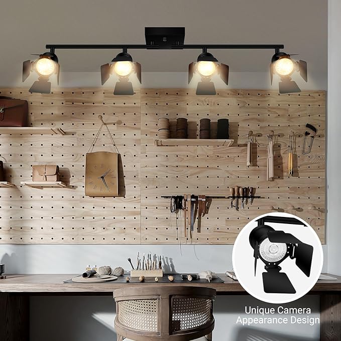 4 Light Track Lighting Fixtures Ceiling, Black Track Lighting with Rotatable Heads, Vintage Industrial Ceiling Spotlight Light for Kitchen/Living Room/Bedroom,GU10 Bulb Not Included