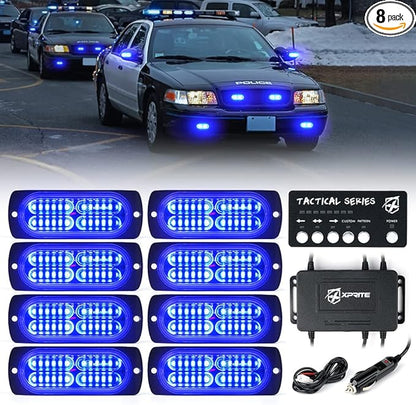 Xprite 24 LED Blue Surface Mount Strobe Police Lights Kit, Emergency Safety Warning Flashing Grille Safety Cop Marker Light Assembly for Volunteer Vehicles Trucks ATV UTV Motorcycle 8PCS