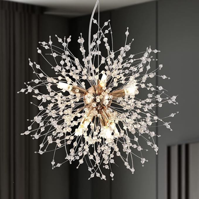 Firework Crystal Chandeliers, 8-Light Gold Dandelion Chandelier Lighting, 15.7" Stainless Steel Small Sputnik Chandelier Lights for Kitchen Island Bedroom