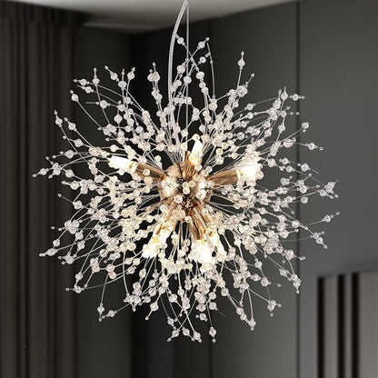 Firework Crystal Chandeliers, 8-Light Gold Dandelion Chandelier Lighting, 15.7" Stainless Steel Small Sputnik Chandelier Lights for Kitchen Island Bedroom