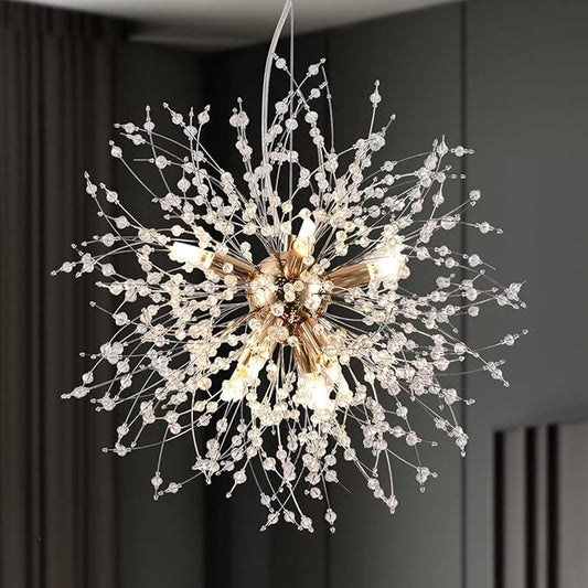 Firework Crystal Chandeliers, 8-Light Gold Dandelion Chandelier Lighting, 15.7" Stainless Steel Small Sputnik Chandelier Lights for Kitchen Island Bedroom