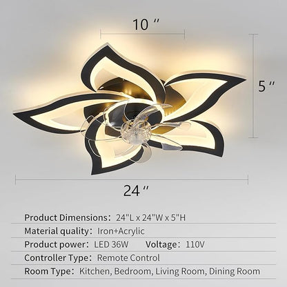 Black Flower Modern CeilingFans with Lights, Low Profile Ceiling Fan with Remote for Bedroom, Flush Mount Ceiling Fan with LED Dimmable Light,6-Speeds, Timing CeilingFan Light