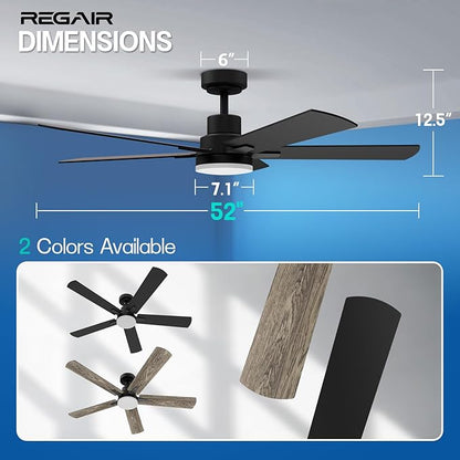 Ceiling Fan with Light 52-Inch, Remote Control Reversible DC Motors, 3CCT Dimmable Timer Noiseless, Black Ceiling Fan for Bedroom Living Room, Indoor&Outdoor ETL Listed