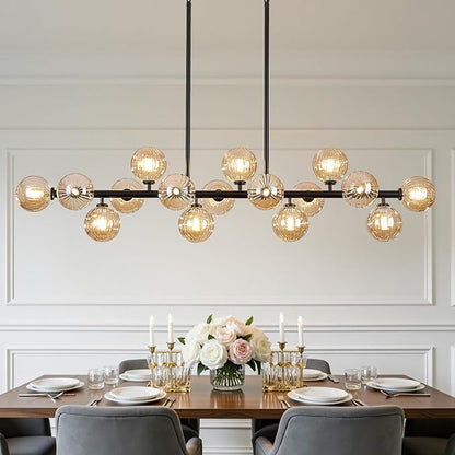 56 Inch Black Linear Chandeliers for Dining Room, Kitchen Island, Living Room, 16-Light Mid Century Modern Light Fixture Over Table, Large Amber Glass Globe Sputnik Bubble Chandelier