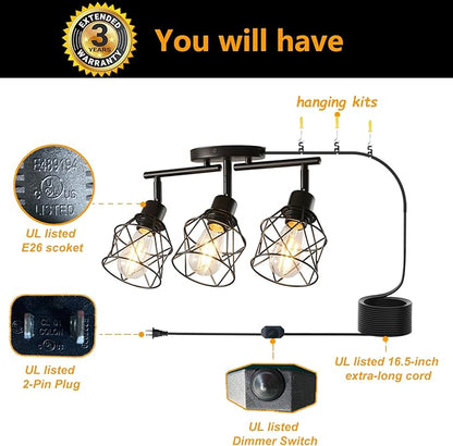 Dimmable Black Plug in Track Lighting Kit,3 Light Plug in Ceiling Light with 16.5' Cord,Flexibly Rotatable Light Head,Modern Industrial Farmhouse Style(Bulbs Not Included)