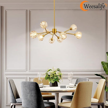 Weesalife Sputnik Chandeliers for Dining Room Light Fixture Over Table, Modern Crystal Chandeliers, 9 Lights Gold Lighting Fixtures for Living Room Bedroom Kitchen Island