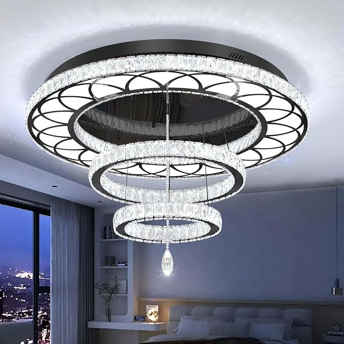 Flashing God W40'' Modern Chandeliers for Living Room Large Crystal Chandelier Flush Mount Crystal Ceiling Light LED Dimmable Pendant Light for Hallway Entryway Foyer Black