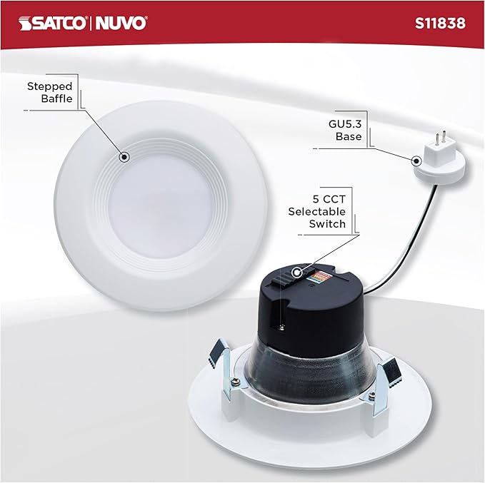 Satco S11838 6.5W LED Downlight Retrofit, 4 in. Stepped Baffle, CCT 2700K-5000K Warm White to Natural Light, 600 Lumens, Matte White, 12V, 50W Inc. Eq. Wet Location, cETLus Classified, RoHS
