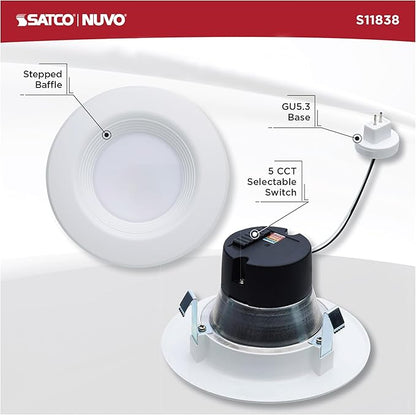 Satco S11838 6.5W LED Downlight Retrofit, 4 in. Stepped Baffle, CCT 2700K-5000K Warm White to Natural Light, 600 Lumens, Matte White, 12V, 50W Inc. Eq. Wet Location, cETLus Classified, RoHS