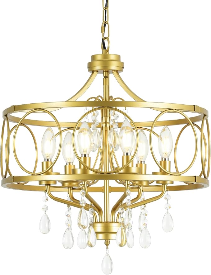 6-Light Modern Gold Crystal Chandelier Dining Room Pendant Lighting Fixture for Farmhouse Bedroom Living Room Kitchen Entryway E12 Bulbs Not Included