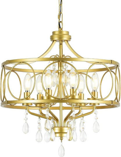 6-Light Modern Gold Crystal Chandelier Dining Room Pendant Lighting Fixture for Farmhouse Bedroom Living Room Kitchen Entryway E12 Bulbs Not Included