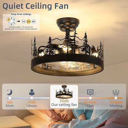 Farmhouse Rustic Ceiling Fan with Light and Remote, Black Rustic Fan with Bear and Deer Design, Adjustable Height, Rustic Deer Antler Fan for Living Room, Bedroom, Hallway Lighting