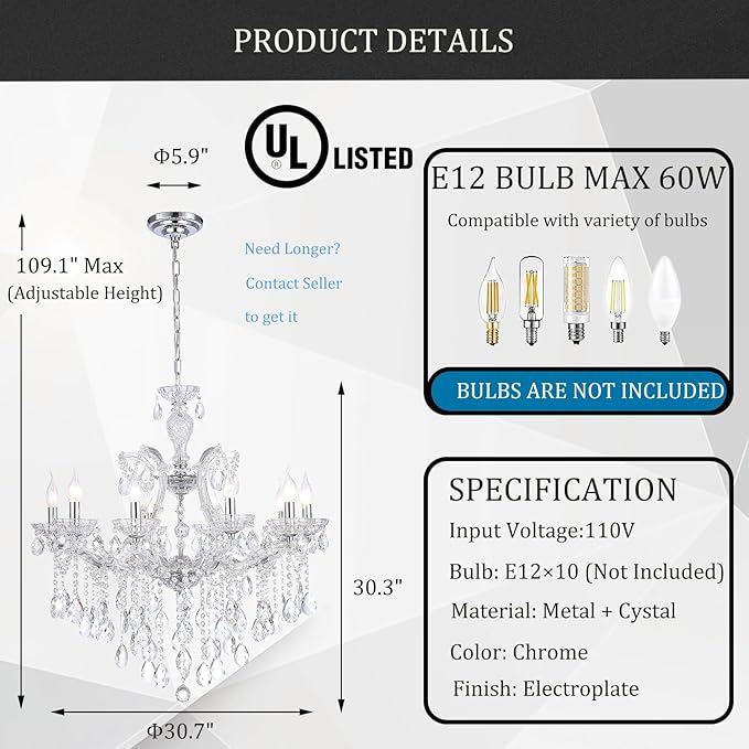 Modern Crystal Chandelier Lighting Fixture, 10 Lights Luxury Maria Theresa Chrome Chandeliers for Dining Room, Living Room, Bedroom, Kitchen Island, Foyer