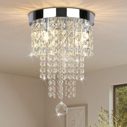 Modern 3 Light Crystal Chandelier,Silver Raindrop Crystal Ceiling Light,Small Flush Mount Ceiling Light Fixture for Hallway, Bedroom, Bathroom, Closet