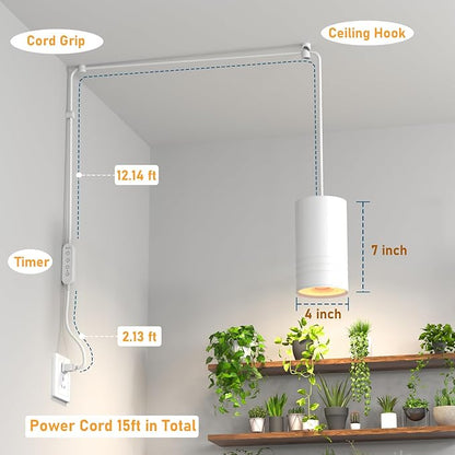 Hanging Grow Lights for Indoor Plants Full Spectrum, COB Pendant Spotlight Plant Grow Light for Large Tall Plant, Garden, Herb, Seed, with Timer and 15ft Braided Cord, 40W 3000K, Full Aluminum White