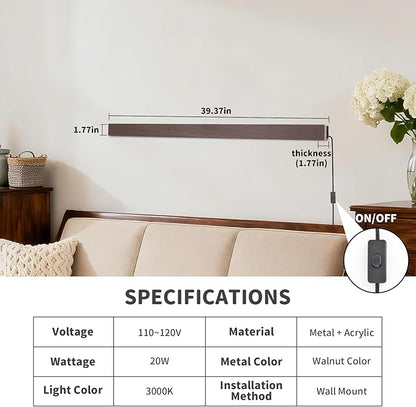 KELUOLY Farmhouse Plug in Long Wall Sconce, 39.3" Faux Walnut Finish LED Wall Lights, 20W Warm White 3000K Acrylic Indoor Wall lamp, with 59" Plug Cable for Bedroom, Living Room, Hallway
