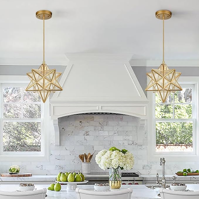 DAYCENT Brass Moravian Star Light in Seeded Glass Pendant Lights Fixture, 11-in