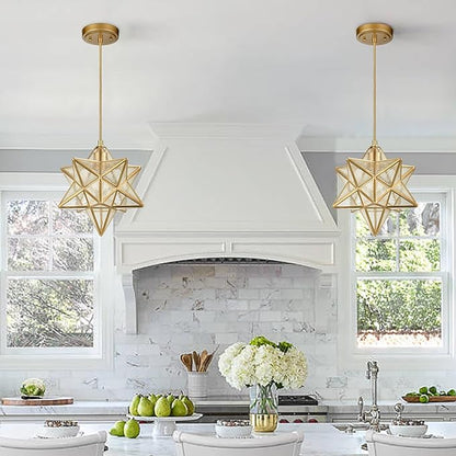 DAYCENT Brass Moravian Star Light in Seeded Glass Pendant Lights Fixture, 11-in
