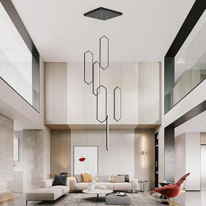 GEADI Foyer Chandeliers for High Ceilings,6-Light Modern Dimmable Led High Ceiling Chandelier with Remote Control,Black Large Chandelier Staircase Pendant Light Fixture for Entryway(3000-6500K)