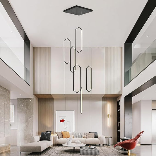 GEADI Foyer Chandeliers for High Ceilings,6-Light Modern Dimmable Led High Ceiling Chandelier with Remote Control,Black Large Chandelier Staircase Pendant Light Fixture for Entryway(3000-6500K)