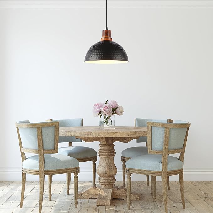 Black and Wood Pendant Lights 2 Pack, 11.8" Hammered Metal Dome Pendant Light Fixture Modern Black Pendant Lighting Hanging Ceiling Light for Kitchen Island Dining Living Room Restaurant