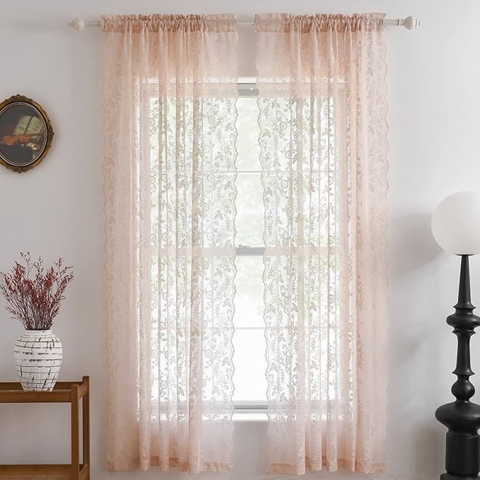 FINECITY Sheer Lace Curtains 72 Inch Length - Country Branch Floral Embroidered Lace Sheer Curtains 2 Panels Set, Privacy Sheer Vintage Scalloped Lace Window Curtains, 52 x 72 Inch, Blush Pink