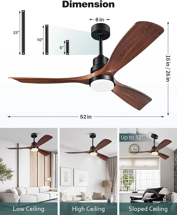 Ceiling Fans with Lights and Remote, 52 Inch Outdoor Ceiling Fan for Patios Indoor with 3 Downrods, 3 Blades Modern Ceiling Fan, 6 Speed Reversible Quiet DC Motor Solid Wood Fan,52in,Walnut