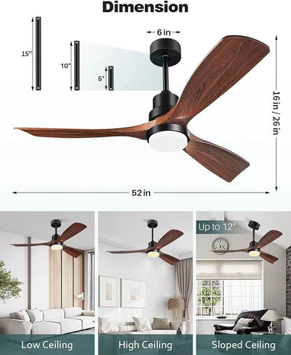 Ceiling Fans with Lights and Remote, 52 Inch Outdoor Ceiling Fan for Patios Indoor with 3 Downrods, 3 Blades Modern Ceiling Fan, 6 Speed Reversible Quiet DC Motor Solid Wood Fan,52in,Walnut