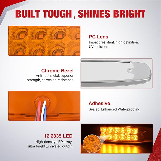 Nilight 20 Pack 6.3 Inch Rectangle Amber Side Marker Lights 12 LED 3 Functions (High/Low/Strobe) IP67 Waterproof Stainless Steel Chrome Bezel 12V Surface Mount for Truck Trailer RV SUV Boat