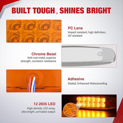 Nilight 20 Pack 6.3 Inch Rectangle Amber Side Marker Lights 12 LED 3 Functions (High/Low/Strobe) IP67 Waterproof Stainless Steel Chrome Bezel 12V Surface Mount for Truck Trailer RV SUV Boat