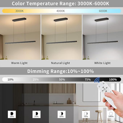 Modern Ceiling Pendant Lights,39in LED Black Linear Chandelier with Remote Control 3000k-6000K Adjustable Color Temperature,Island Lighting Hanging Light for Kitchen,Dining Room,Living Room