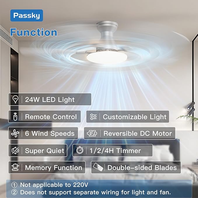 Passky Ceiling Fans with Lights, 52 inch Flush Mount Ceiling fan with Remote Control, Low Profile Silver Ceiling Fan for Bedroom, Farmhouse, Reversible, 3CCT, Dimmable, Noiseless DC Motor