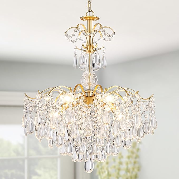 WUZUPS 6-Light Crystal Chandelier Pendant Ceiling Light Modern Lighting Fixture for Bedroom Hallway Bar Kitchen Bathroom, H 25.6" W21.7, E12 Base, Gold