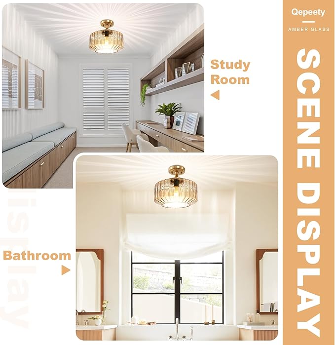 Mid Century Modern Flush Mount Light with Amber Striped Hand-Blown Glass Shade, 11.02" Gold Ceiling Fixture Farmhouse Close-to-Ceiling Lighting for Kitchen Dining Room Hallway