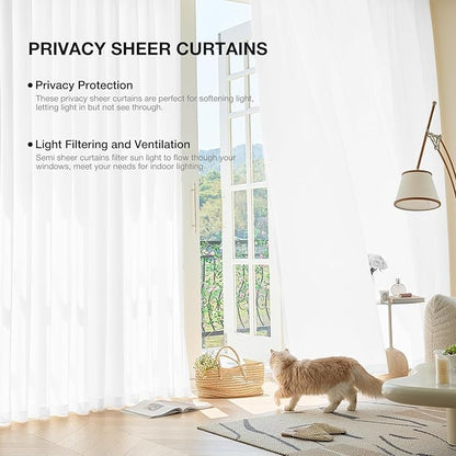 Anmao Non-See-Through Bright White Privacy Semi Sheer Curtains for Living Room 72 Inch Length 2 Panels Set, Light Filtering That Let Light In Rod Pocket Window Drapes for Bedroom, 52W x 72L,Pure White