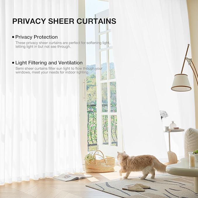 Anmao Non-See-Through Bright White Privacy Semi Sheer Curtains for Living Room 54 Inch Length 2 Panels Set, Light Filtering That Let Light In Rod Pocket Window Drapes for Bedroom, 52W x 54L,Pure White
