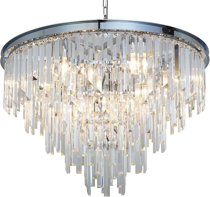 31'' Chrome Top K9 Crystal Chandelier Modern Lighting Fixture, 16 Lights Round K9 Crystal Adjustable Hanging Lamp for Dining Room Bedroom Living Room,Hallway,Bar,Kitchen