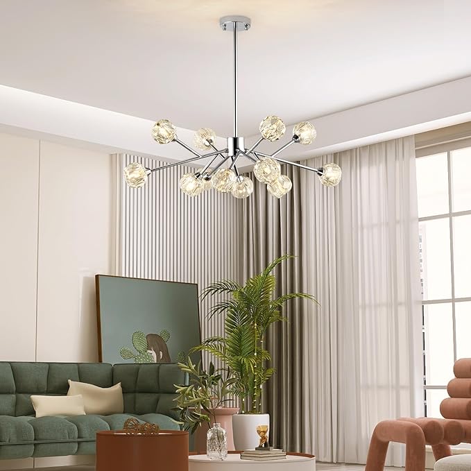 Weesalife Sputnik Chandeliers for Dining Room Light Fixture Over Table, Modern Crystal Chandeliers, 12 Lights Chrome Lighting Fixtures for Living Room Bedroom Kitchen Island Bar