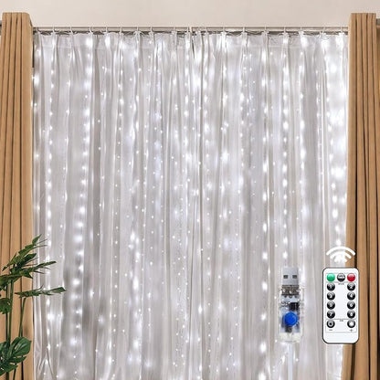 Brightown 300 LED Fairy Curtain Lights, 9.8ft x 9.8ft String Lights, USB Plug in 8 Lighting Modes Christmas String Hanging Lights with Remote for Bedroom Indoor Outdoor Party Xmas White 1 Pack