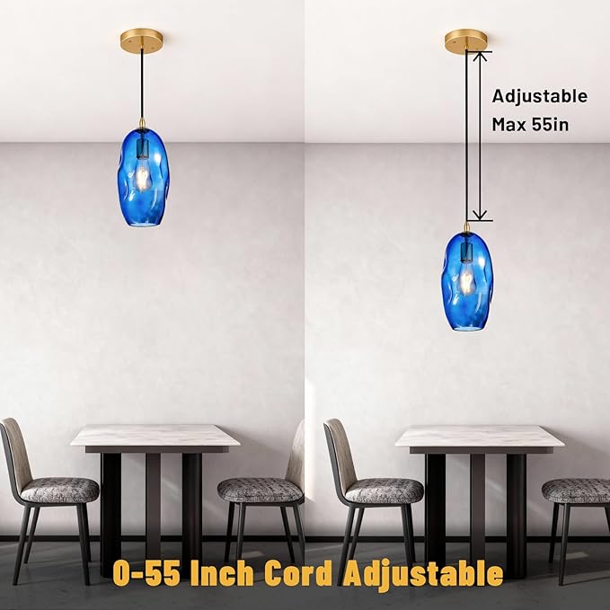 Blue Pendant Light Fixtures Adjustable 12.5'' Height Modern Kitchen Island Lighting Glass Organic Ceiling Hanging Light Fixtures for Bar, Counter, Patio, Over Sink, Dining Room,Table - Blue