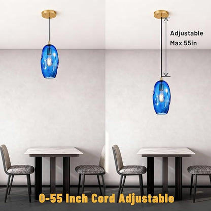 Blue Pendant Light Fixtures Adjustable 12.5'' Height Modern Kitchen Island Lighting Glass Organic Ceiling Hanging Light Fixtures for Bar, Counter, Patio, Over Sink, Dining Room,Table - Blue