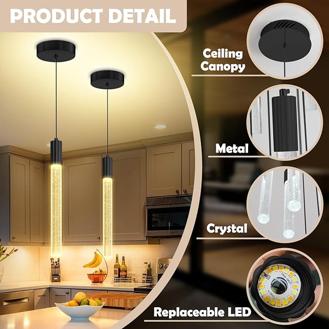Modern Black Crystal Column Pendant Light Kitchen Island Dimmable LED Lighting Adjustable Hanging Pendant Lighting