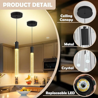 Modern Black Crystal Column Pendant Light Kitchen Island Dimmable LED Lighting Adjustable Hanging Pendant Lighting